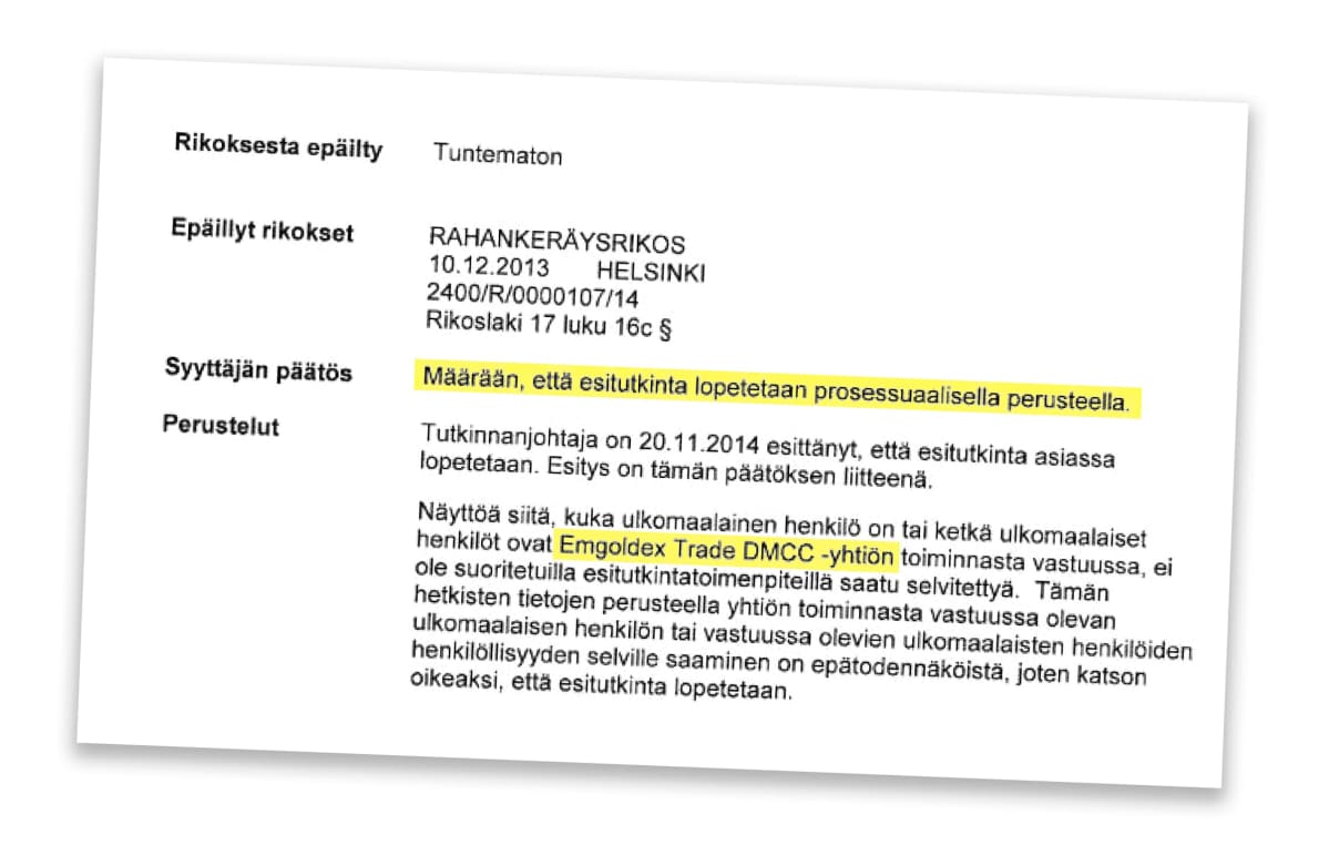 Kuvakaappaus syyttäjän päätöksestä, joss todetaan, että esitutkinta on lopetettu.