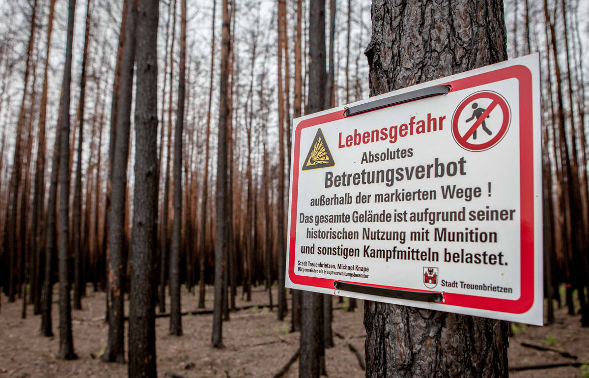 Vuosi sitten tapahtuneen metsäpalon sammutustöitä vaikeutti se, että alueella on yhä paljon ammuksia levällään toisen maailmansodan jäljiltä. Kyltti varoittaa metsässä liikkujia mahdollisesta vaarasta.