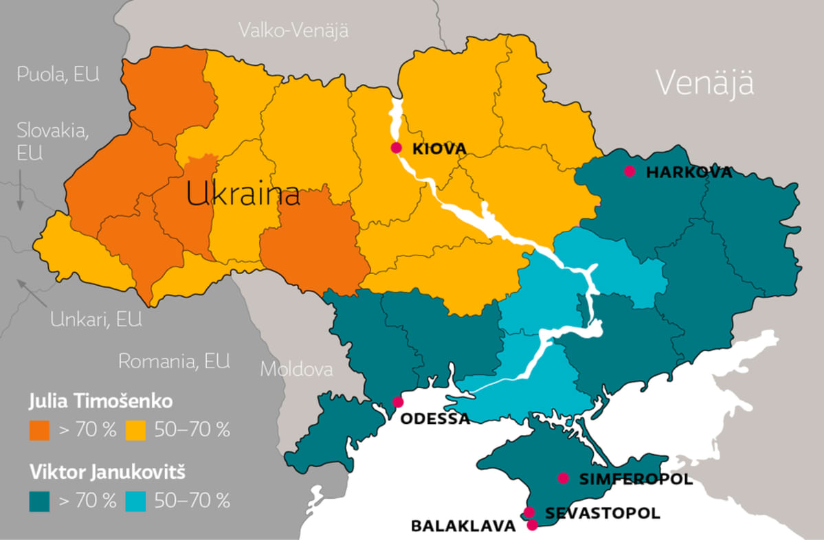 2010 Ukrainan vaalituloksen jakautuminen Julia Timošenkon ja Viktor Janukovitšin välillä.