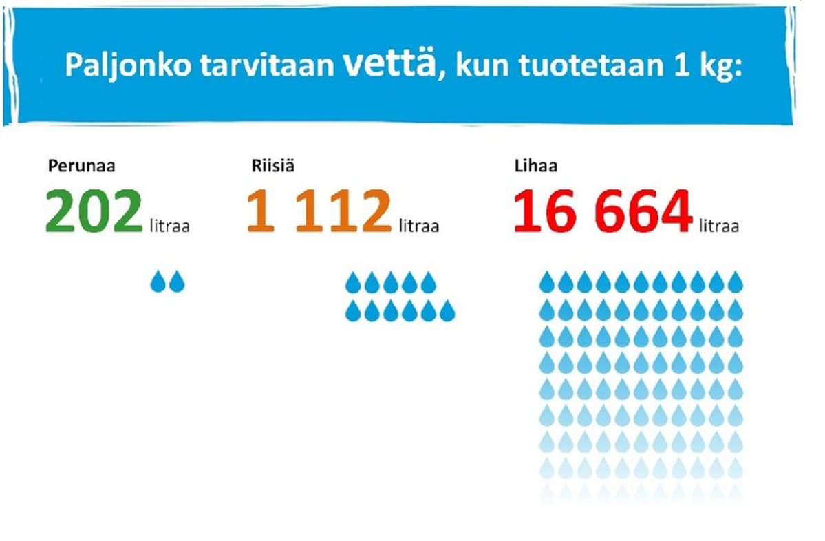 tilasto perunan, riisin ja lihan vaatimasta vedenkulutuksesta