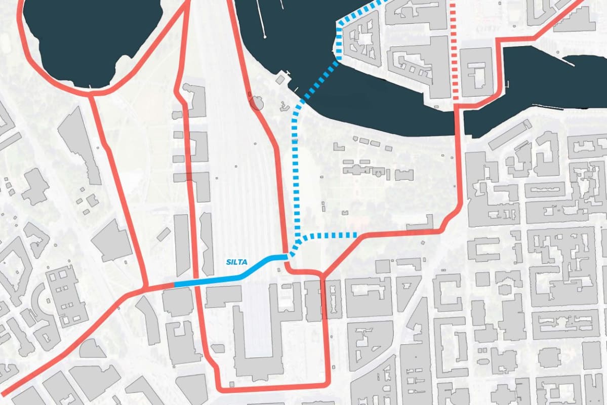 Havainnekuva pyörätiesillasta Kansalaistorilta Kaisaniemeen.