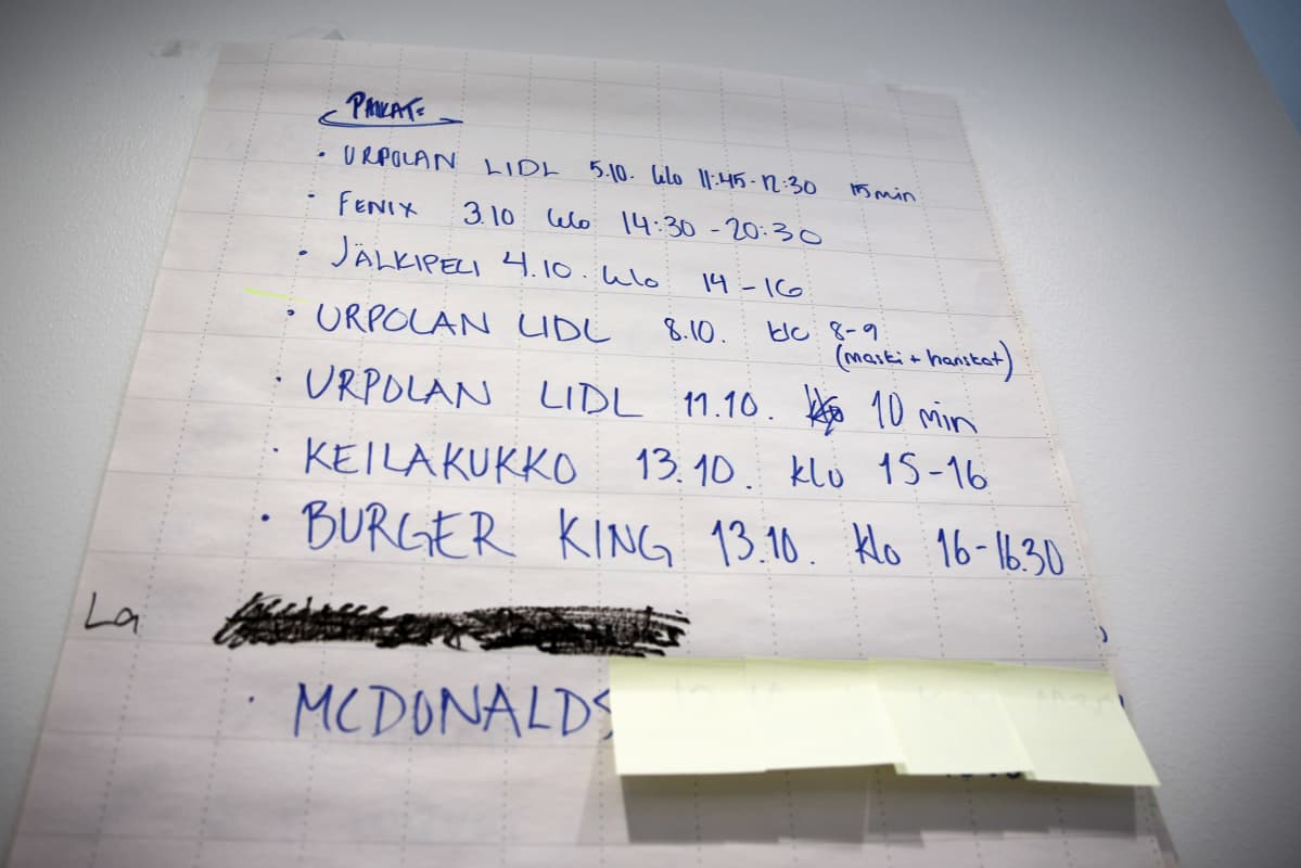 Erään koronatartunnan saaneen henkilön liikkeitä listattuna. Osa koronatartunnan jäljitystyötä Mikkelin keskussairaalalla.