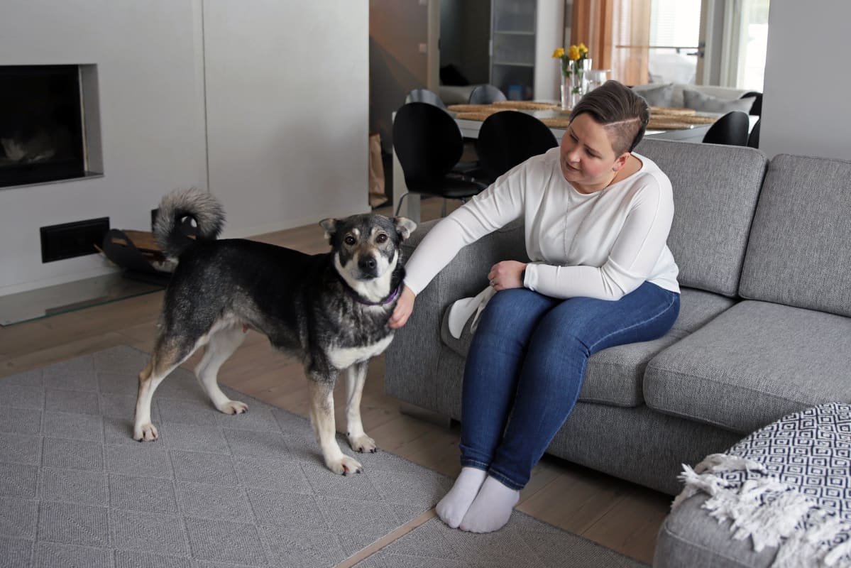 Juvalainen Anna-Mari Hangas-Tuovinen silittää koiraa etätyöpäivänsä ohessa.