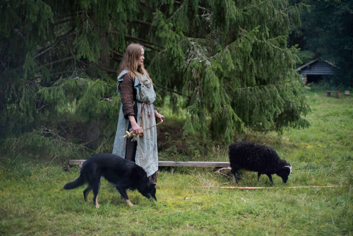 Nainen, koira ja lammas