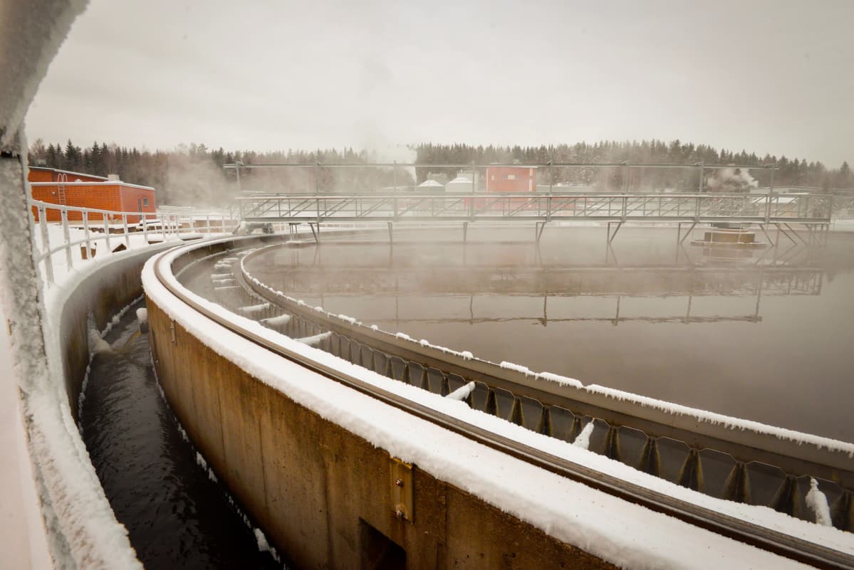 Nenäinniemen jätevedenpuhdistamon altaat höyryävät pakkasessa.