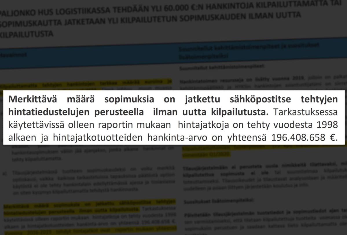 Ote raportista: "Merkittävä määrä sopimuksia on jatkettu sähköpostitse tehtyjen hintatiedustelujen perusteella ilman uutta kilpailutusta."