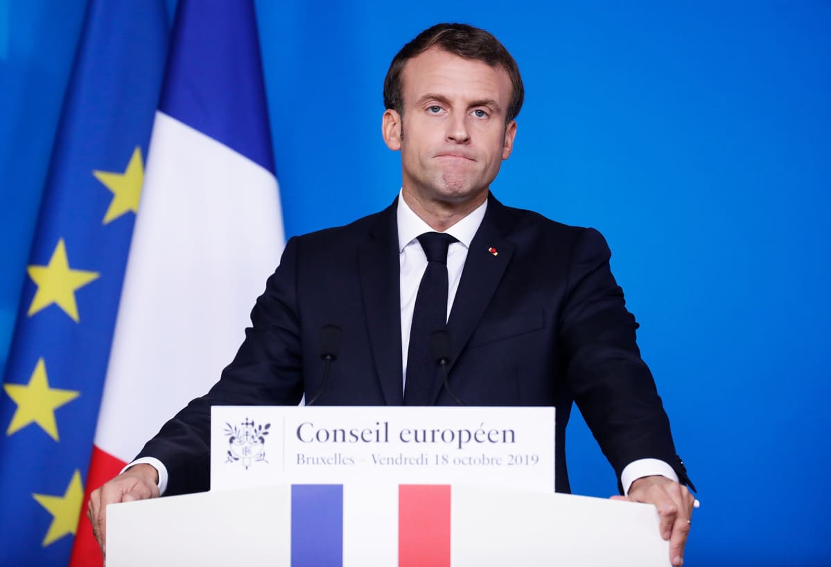 Ranskan presidentti Emmanuel Macron EU-huippukokouksen lehdistötilaisuudessa Brysselissä.