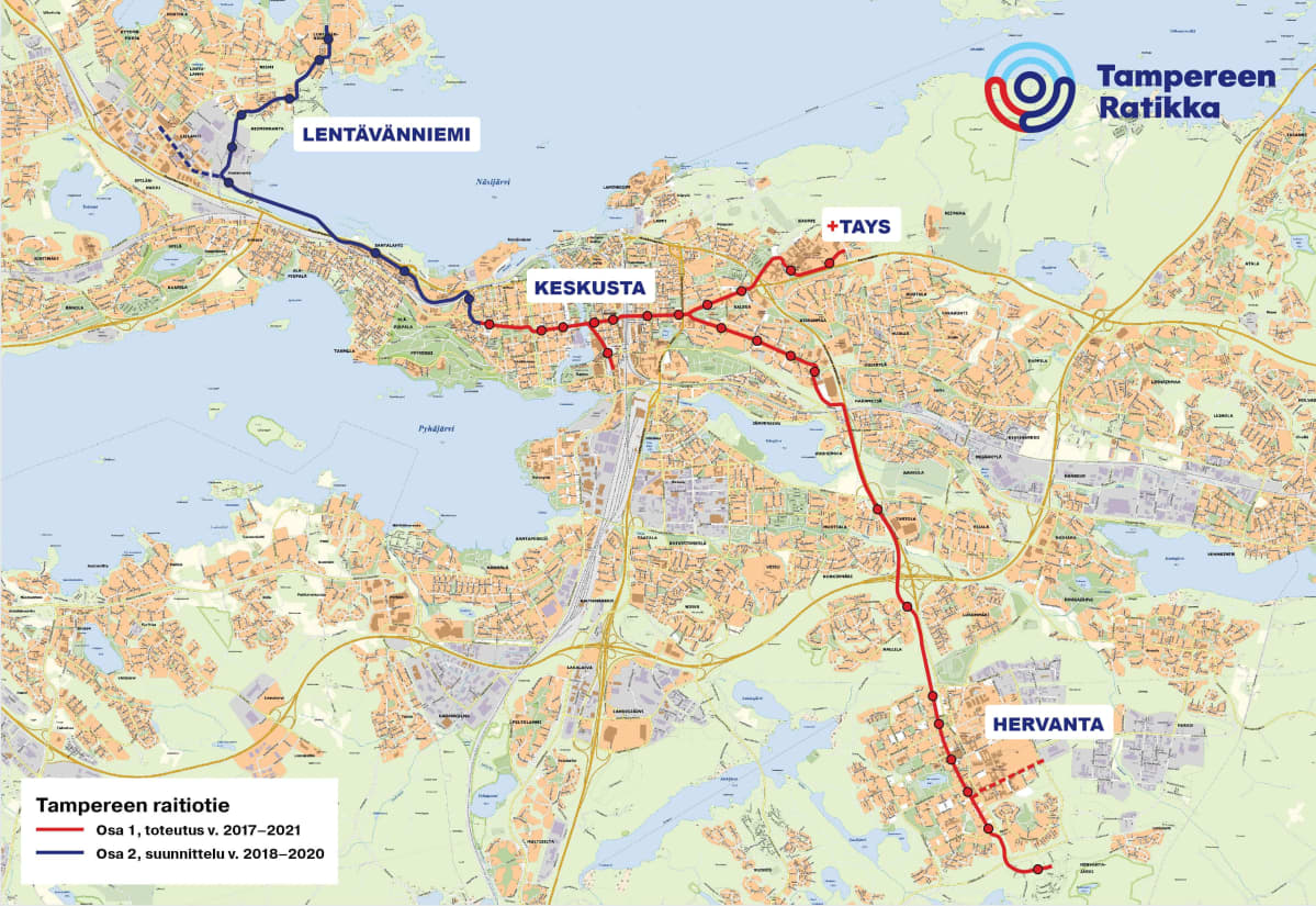 Kartta Tampereen raitiotien rakentamisesta