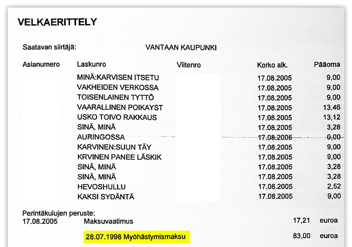 Velkaerittely, josta näkyy, että heinäkuun 1998 myöhästymismaksuja peritään elokuussa 2005.