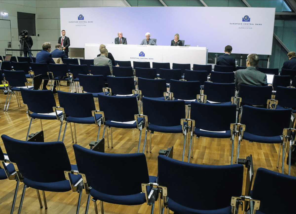 Kuva EKP:n neuvoston tiedotustilaisuudesta 12.3.2020.
