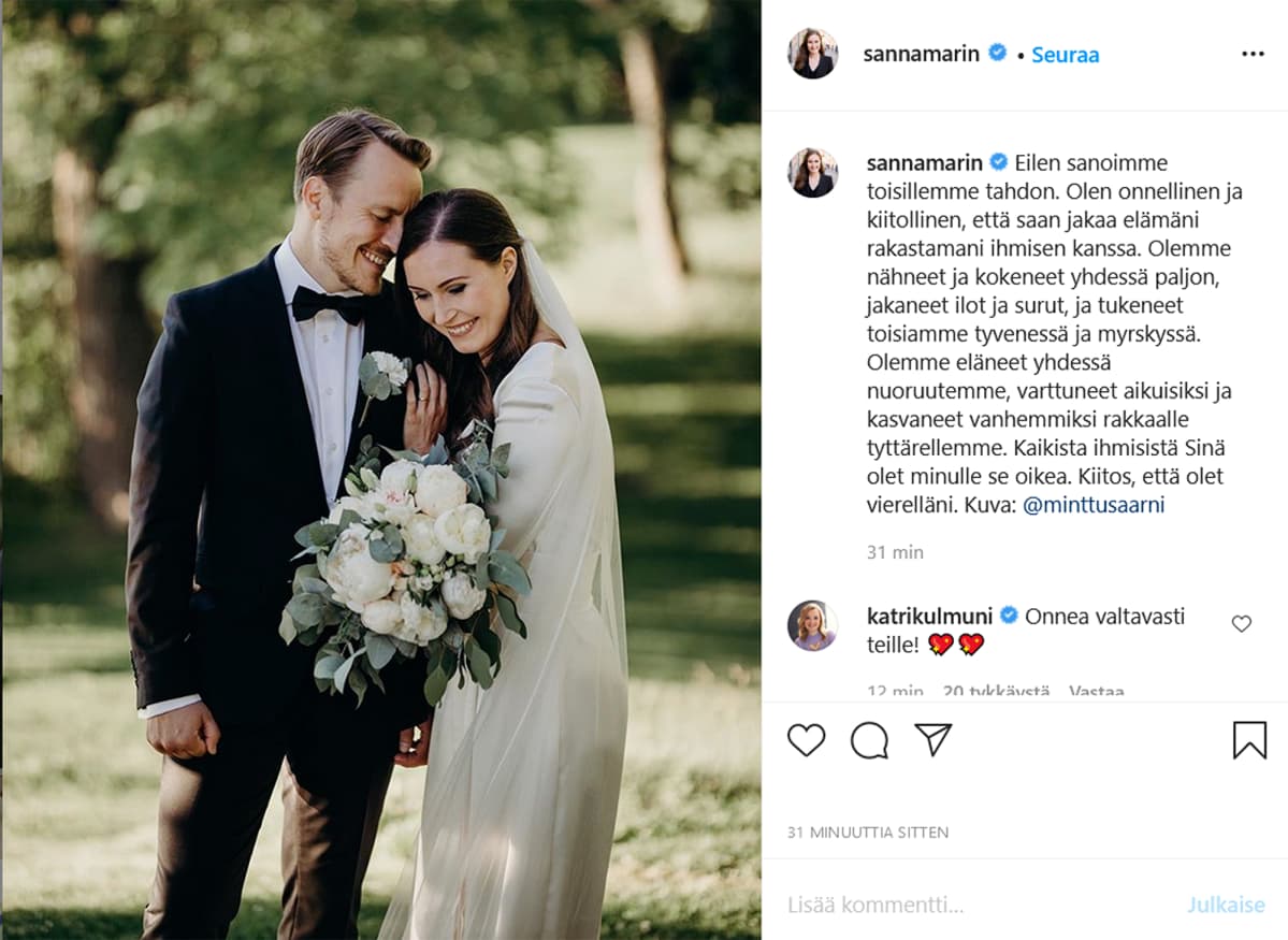 Kuvakaappaus Sanna Marinin Instagram-sivustolta.