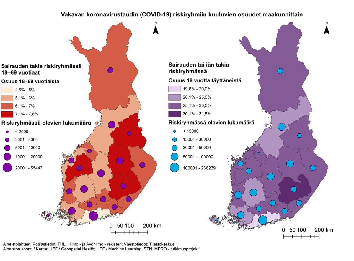 Riskiryhmiin kuuluvien osuudet maakunnittain.