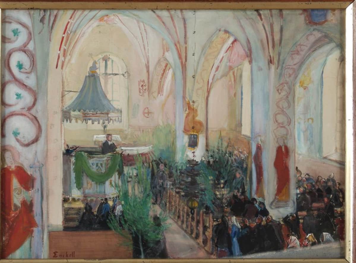 Magnus Enckellin teos Juhannusjumalanpalvelus Lohjan kirkossa vuodelta 1899.