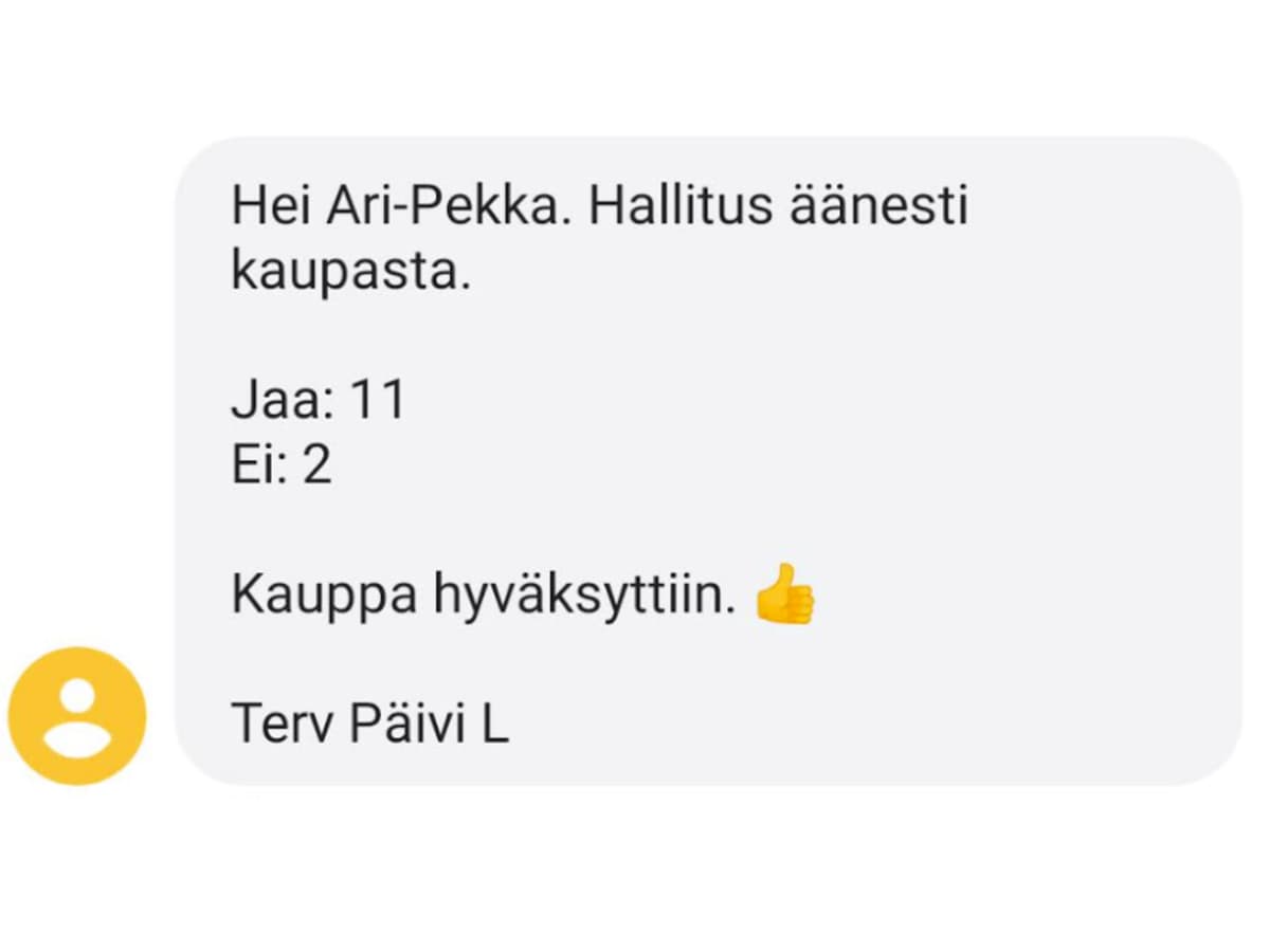 Kuva kaappaus Päivi Laajalan viestistä Ari-Pekka Auviselle kaupan hyväksynnästä
