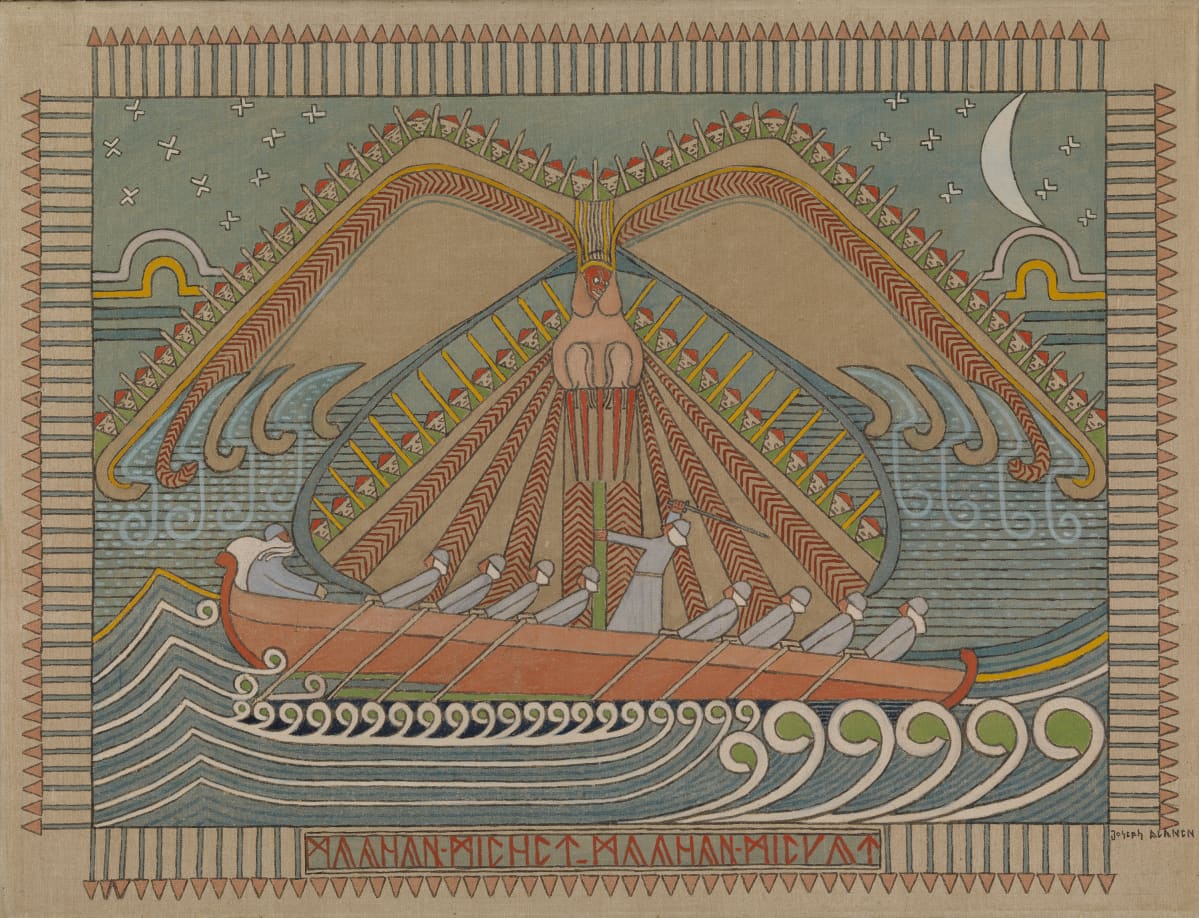 Joseph Alanen: Sammon puolustus (1910–1912)
– Henkilöhahmot ovat maalauksessa litteitä ja kaavamaisia, vailla yksilöllisiä piirteitä. Teos on hyvin rytmikäs. Verrattuna Gallen-Kallelaan voi huomata, että Alanen ei jäljitellyt luontoa. Hänellä on samat elementit, mutta teos ei ole realistinen vaan tyylitelty ja koristeltu, sanoo Ateneumin intendentti Teijamari Jyrkkiö.