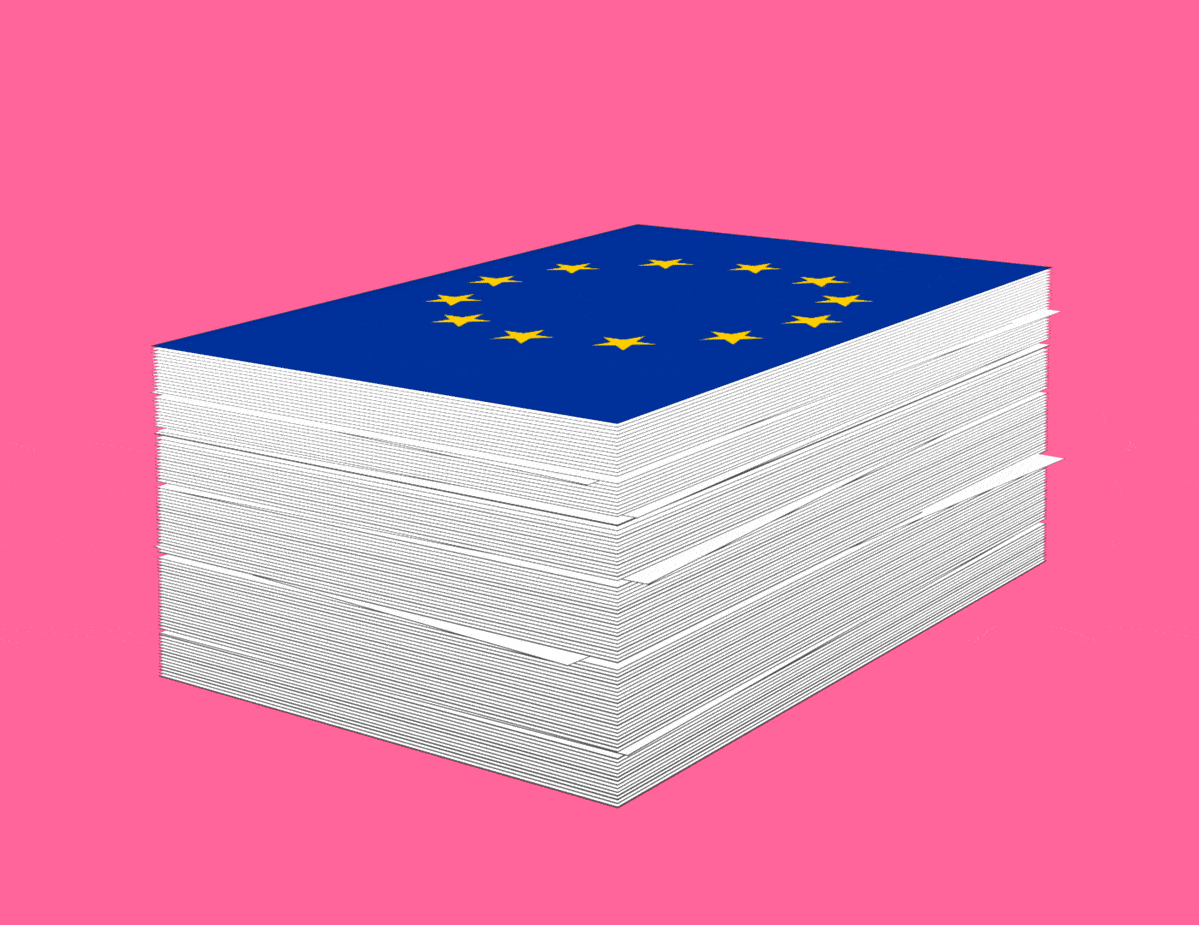 Animoitu grafiikka, jossa pinoutuu noin 600 sivua tekstiä, kannessa EU:n logo.