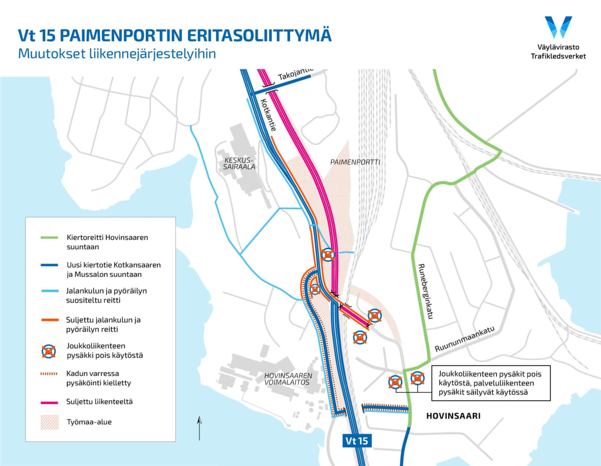 Paimenportin eritasoliittymän rakentaminen aiheuttaa muutoksia liikennejärjestelyihin.