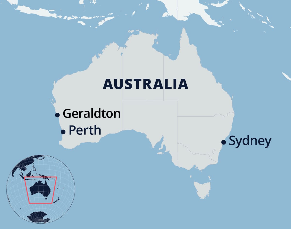 Kartassa Australian kaupungit Geraldton, Perth ja Sydney.
