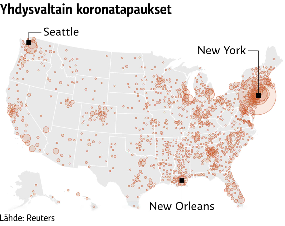 Infokartta koronatapauksista Yhdysvalloissa. Kartalla merkittynä Seattle, New York ja New Orleans.