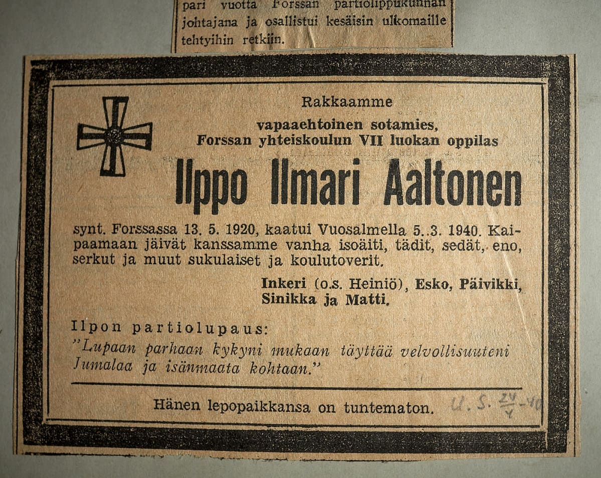 Ilppo Ilmari Aaltosen kuolinilmoitus