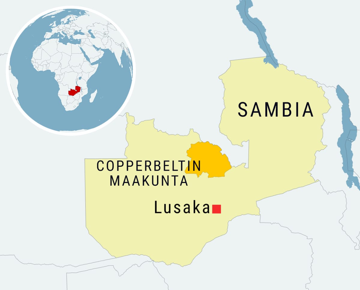 Kartta Copperbeltin maakunnasta Sambiassa.