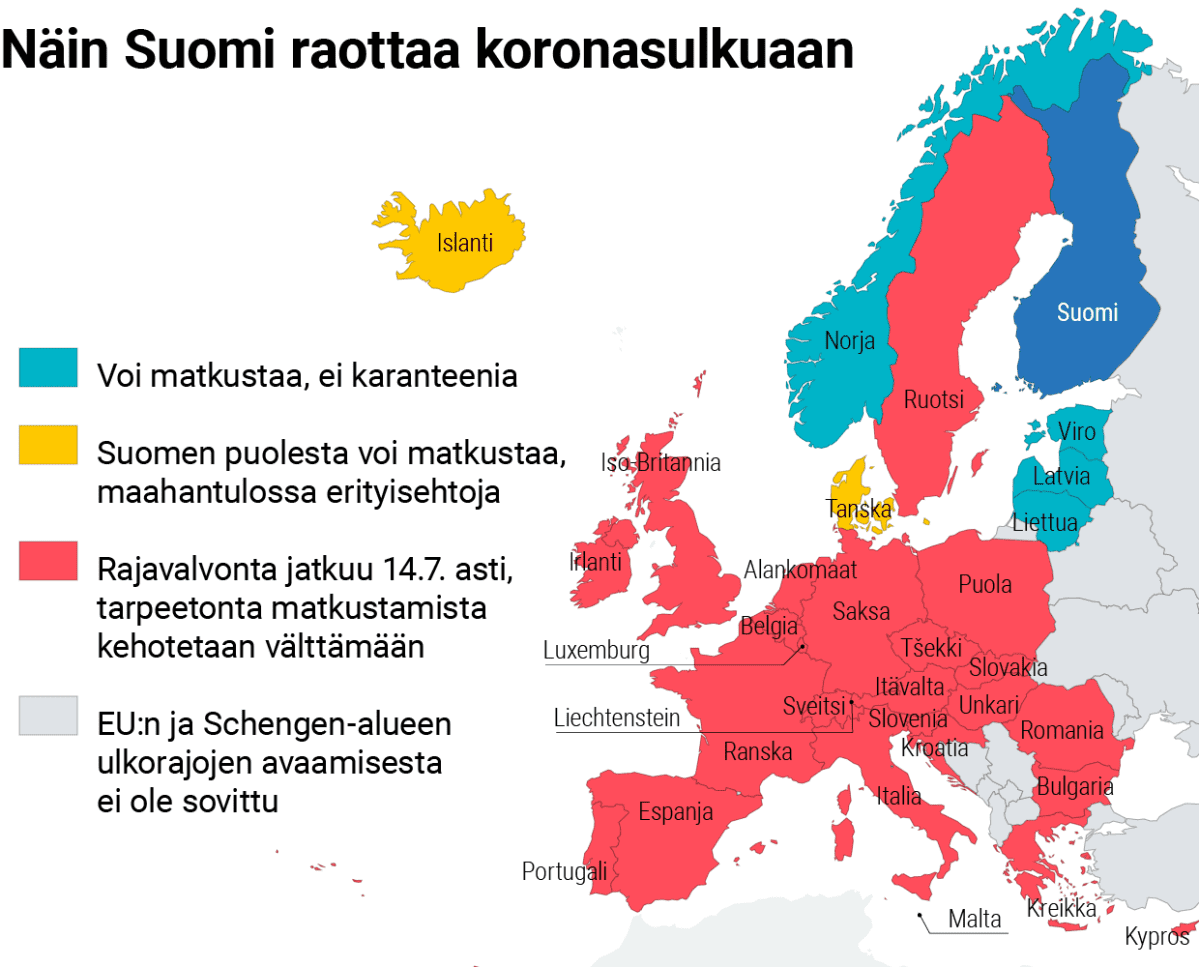 Infokartta koronasuluista Euroopassa.