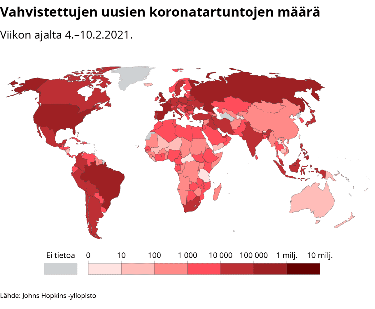 Infokartta vahvistettujen uusien koronatartuntojen määrästä.