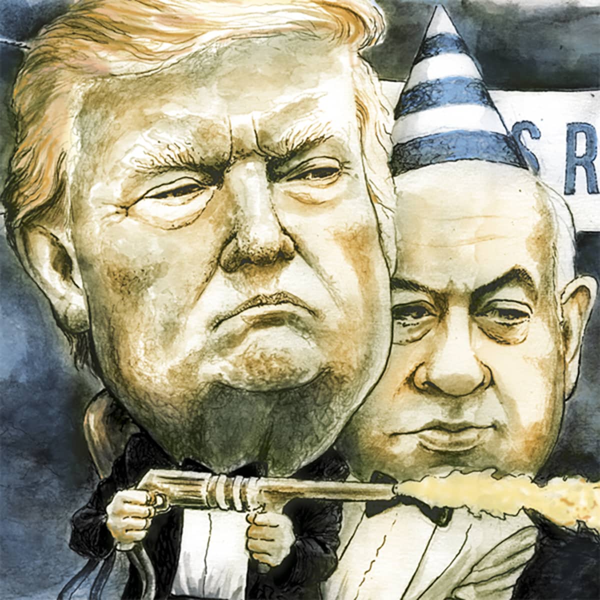 Osarajaus kuvituskuvasta, jossa Trump ja Netanjahu.