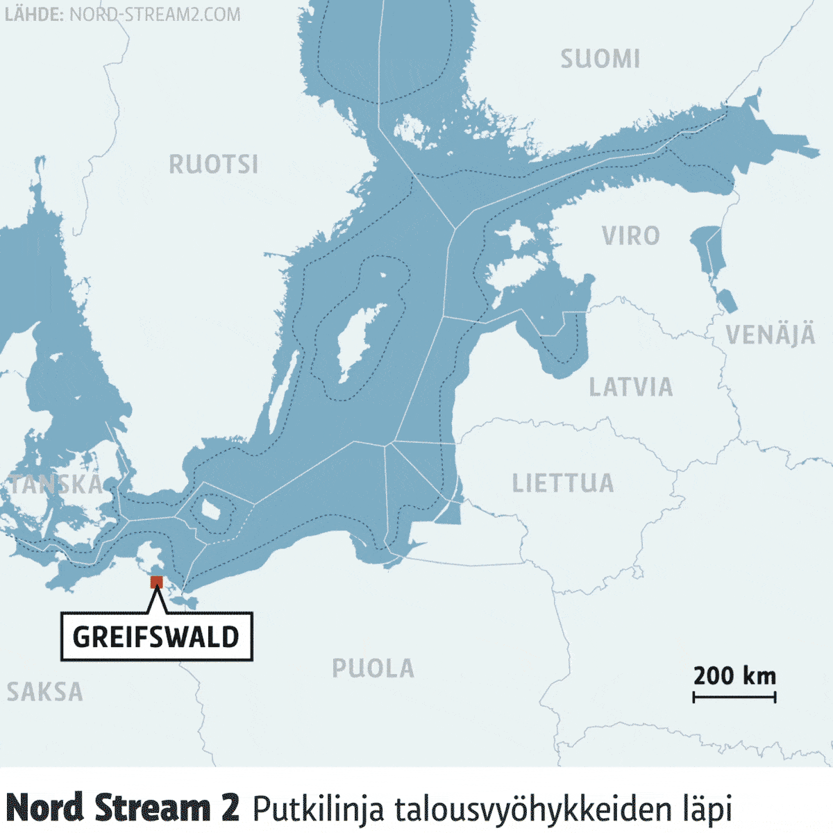 Kartta-animaatio Nord Stream 2 -kaasuputken reitistä.