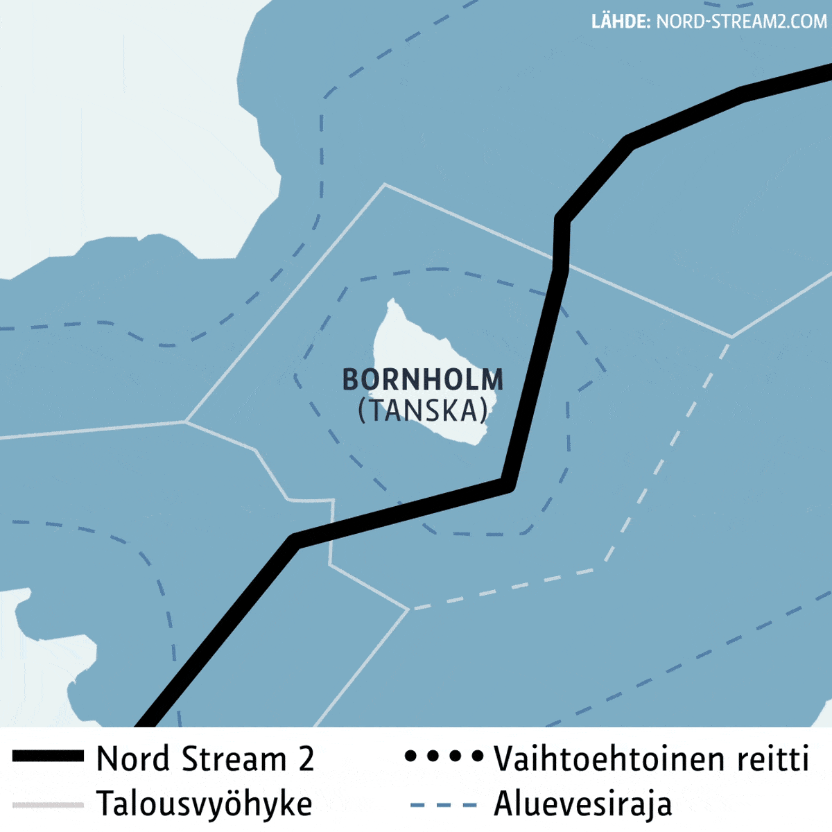 Kartta-animaatio Nord Stream 2 -kaasuputken vaihtoehtoisesta reitistä Bornholmin saaren kohdalla.
