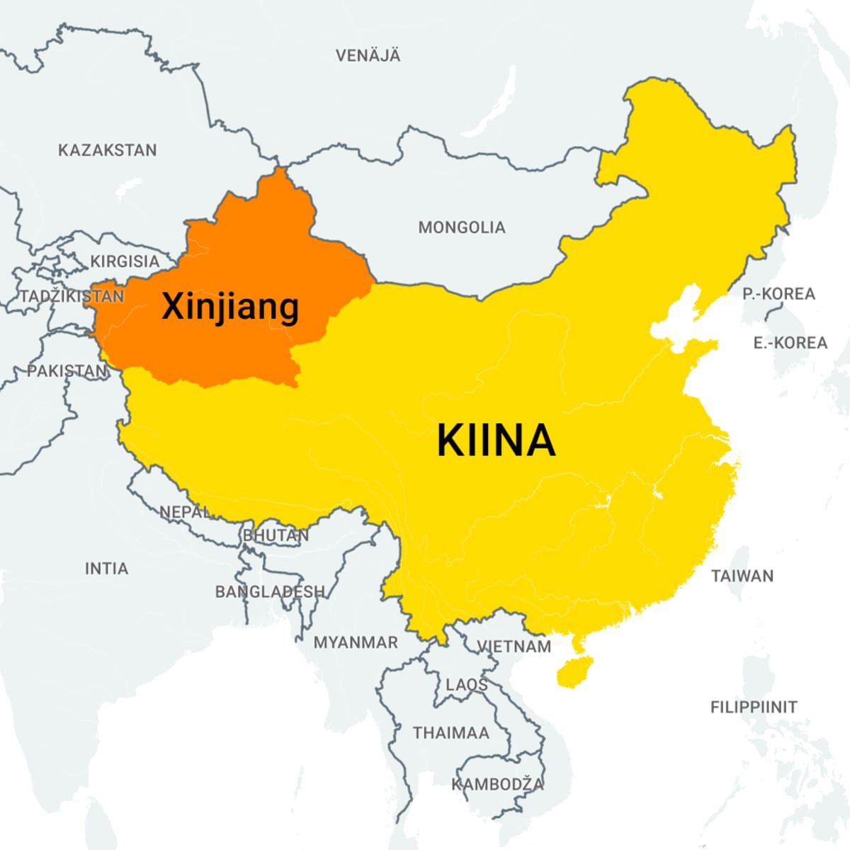 Kiinan maakunnan Xinjiangin sijainnin osoittava kartta