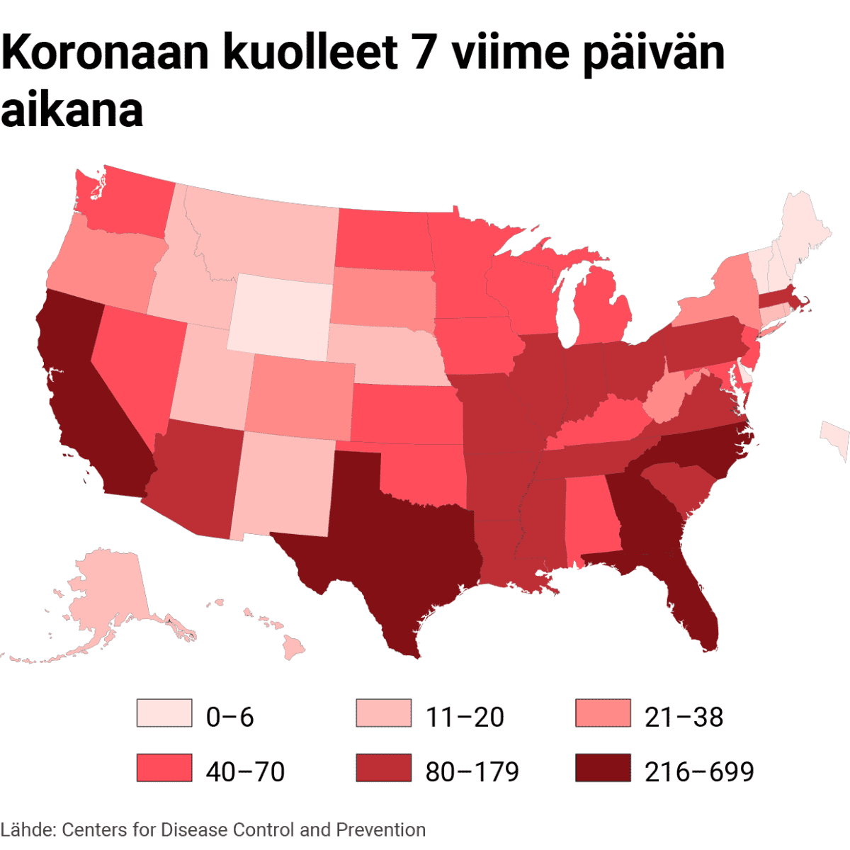 Infokartta Yhdysvalloissa koronaan kuolleista 7 viime päivän aikana.