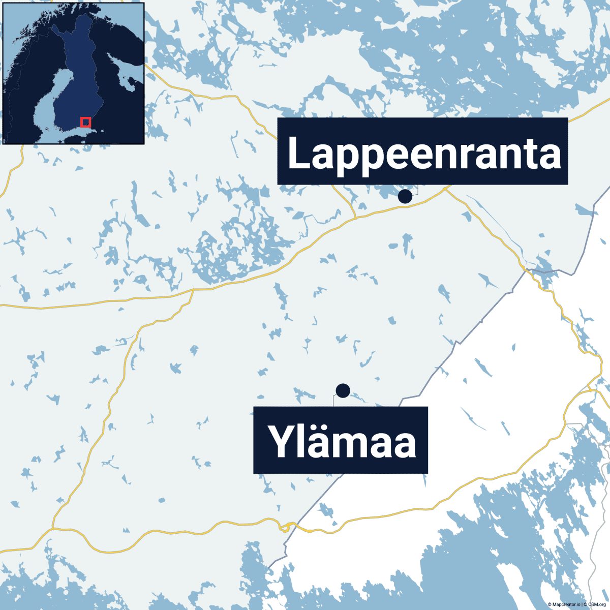 Kartta, jossa Ylämaa ja Lappeenranta.
