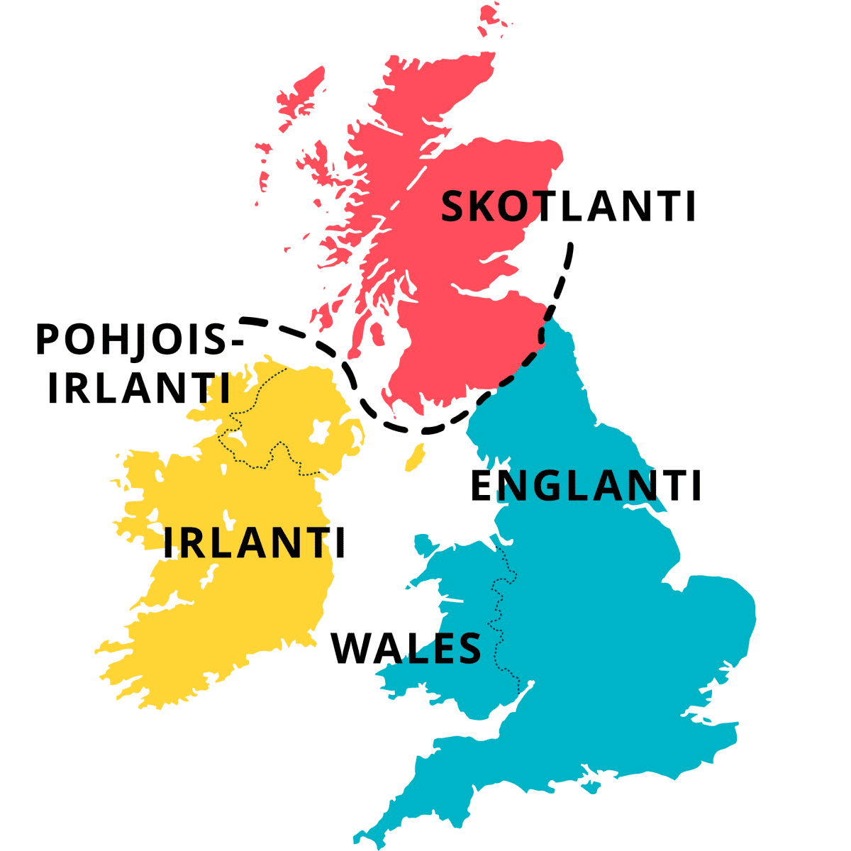 Kartta, joka näyttää teoreettisen tilanteen, jossa Skotlanti ja Pohjois-Irlanti olisivat irronneet Britanniasta.