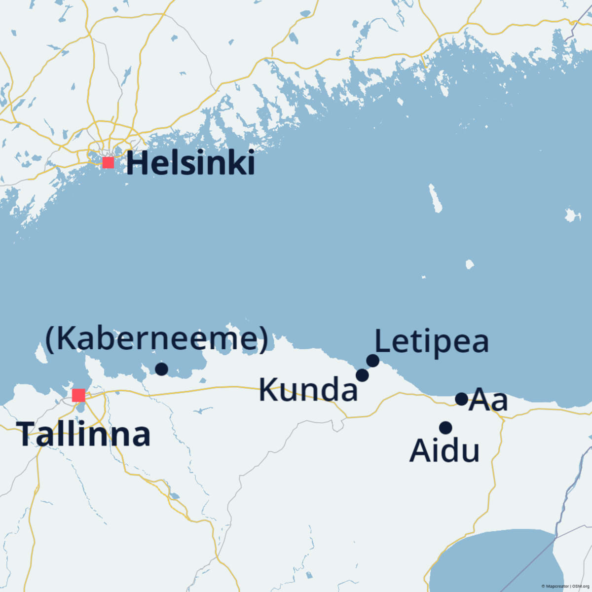 Kartalla Helsinki, Tallinna, Kaberneeme, Kunda, Letipea, Aidu ja Aa.