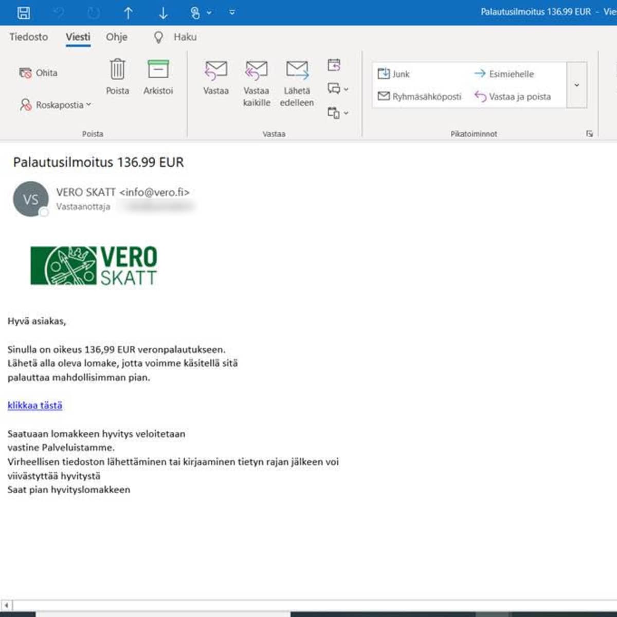 Verottajan nimissä lähetetty huijaussähköposti