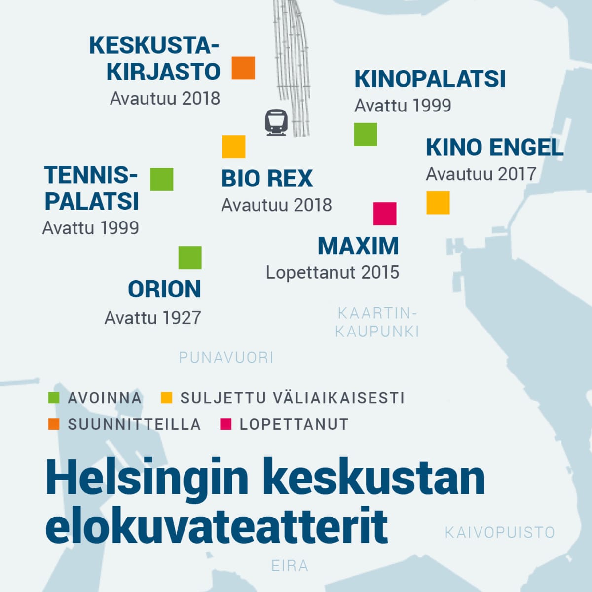 Helsingin keskustan elokuvateatterit.