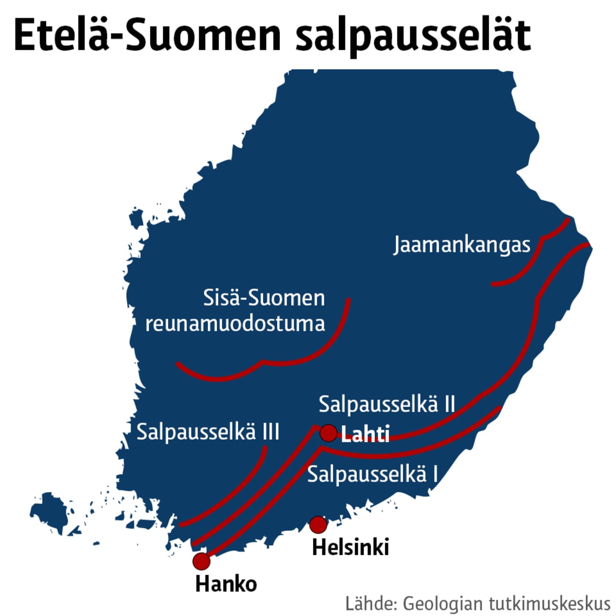 Kartta Etelä-Suomen Salpausselistä.