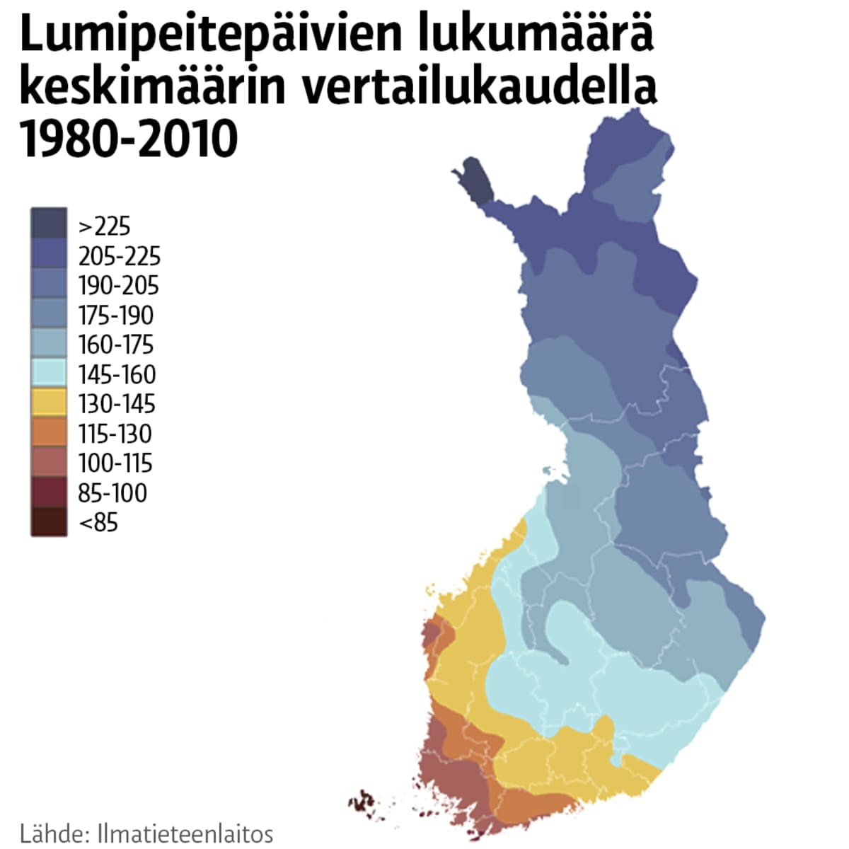 Kartta lumipeitepäivistä.