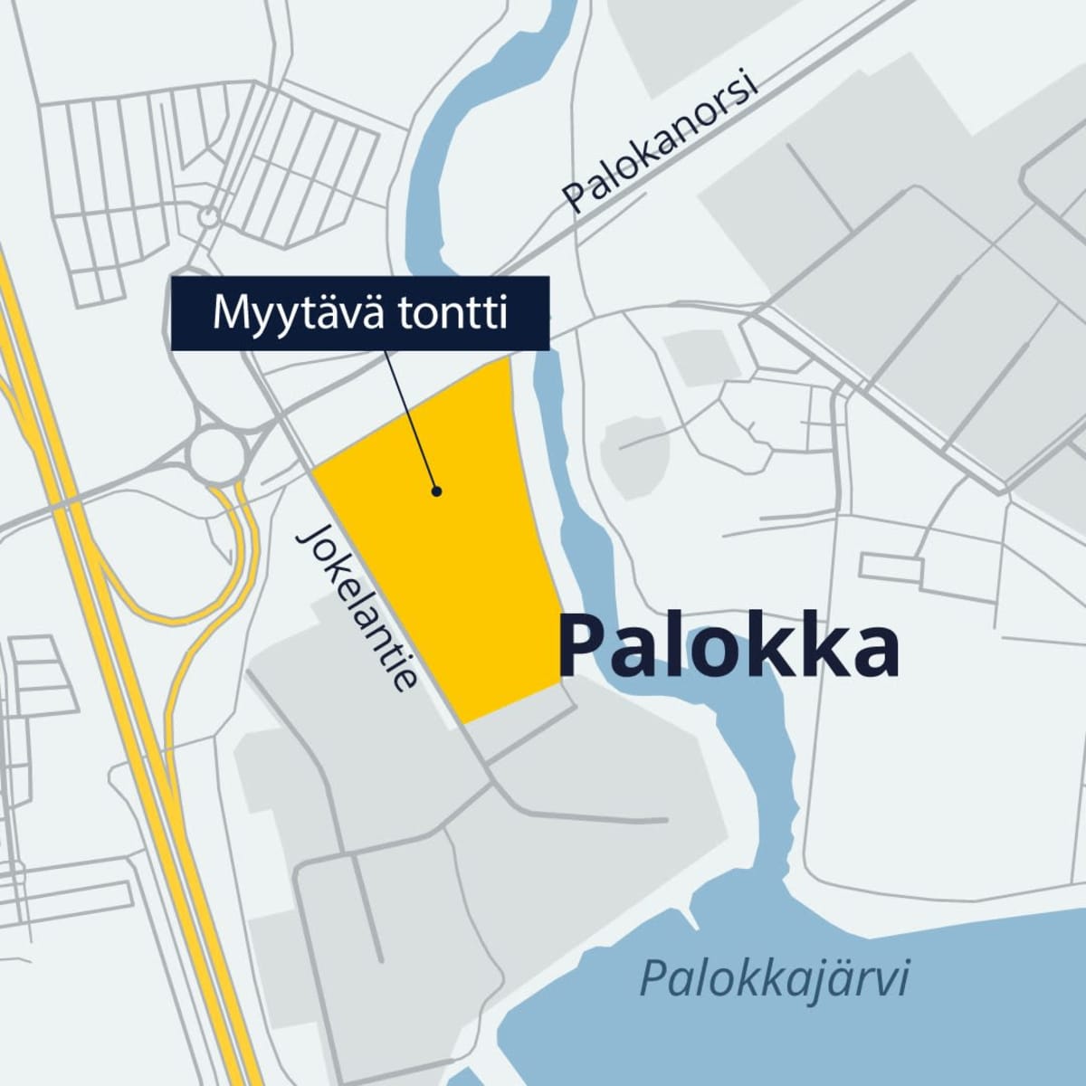 Karttakuvan keskellä näkyy keltaisena kahden hehtaarin tyhjä tontti Pappilanjoen varressa Palokassa.