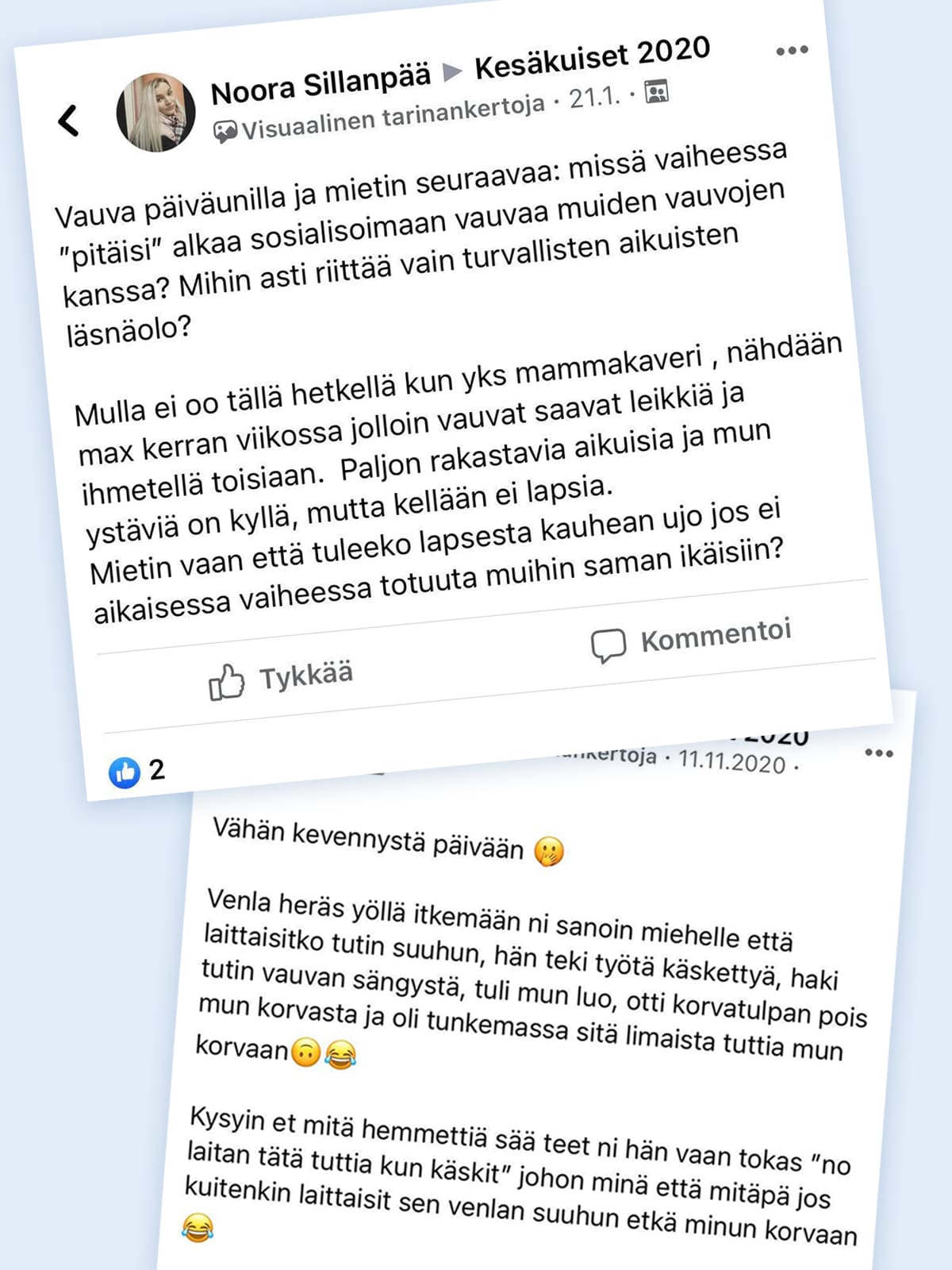 Kuvakaappauksia Noora Sillanpään Facebook-päivityksistä.