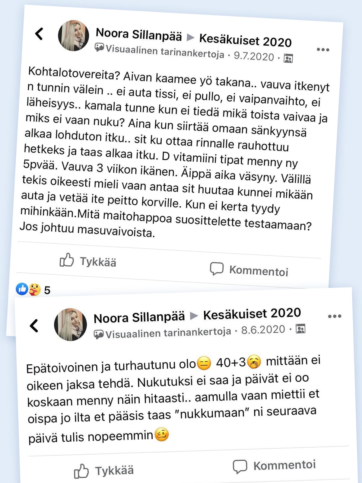 Kuvakaappauksia Noora Sillanpään Facebook-päivityksistä.