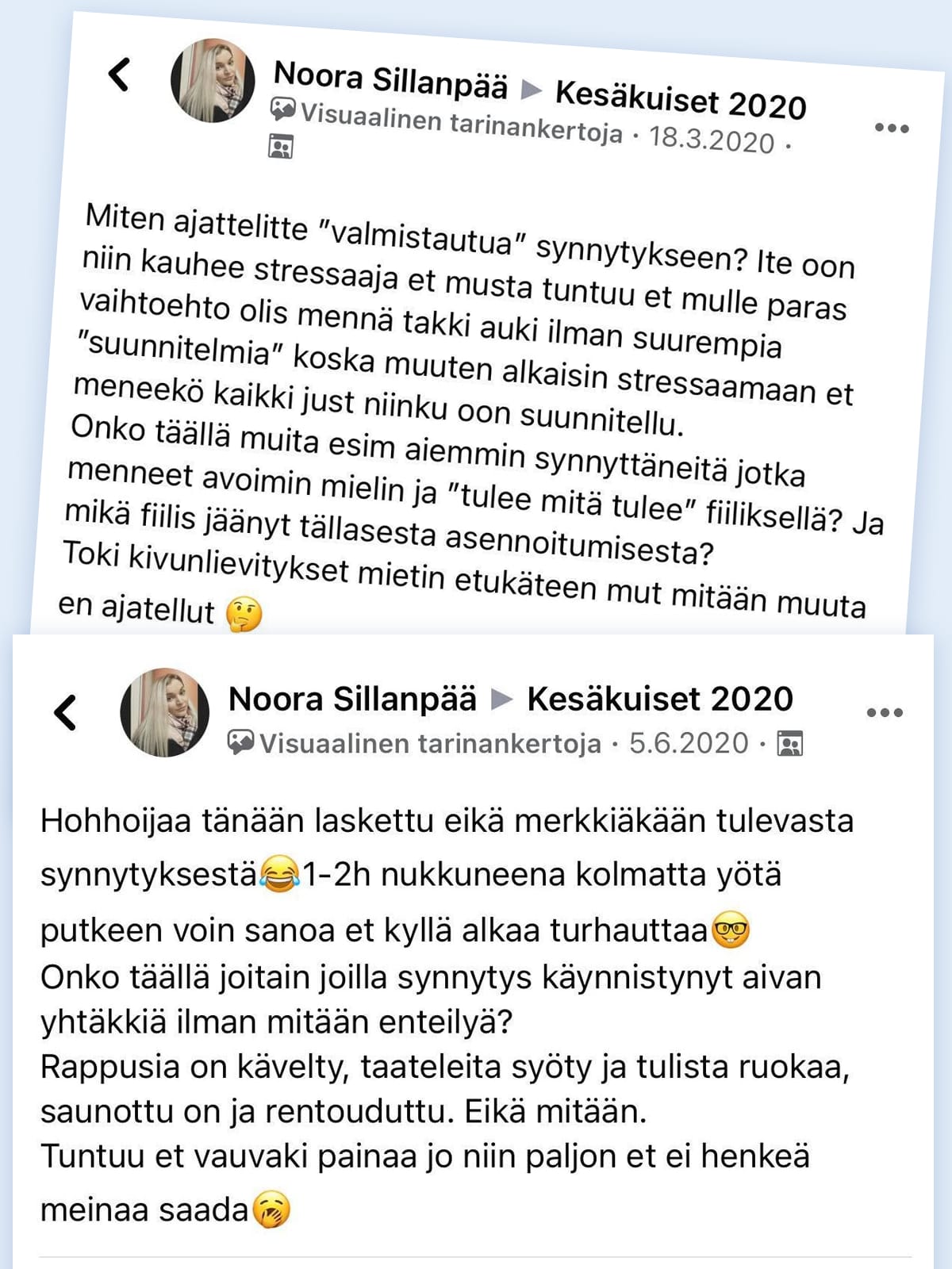 Kuvakaappauksia Noora Sillanpään Facebook-päivityksistä.