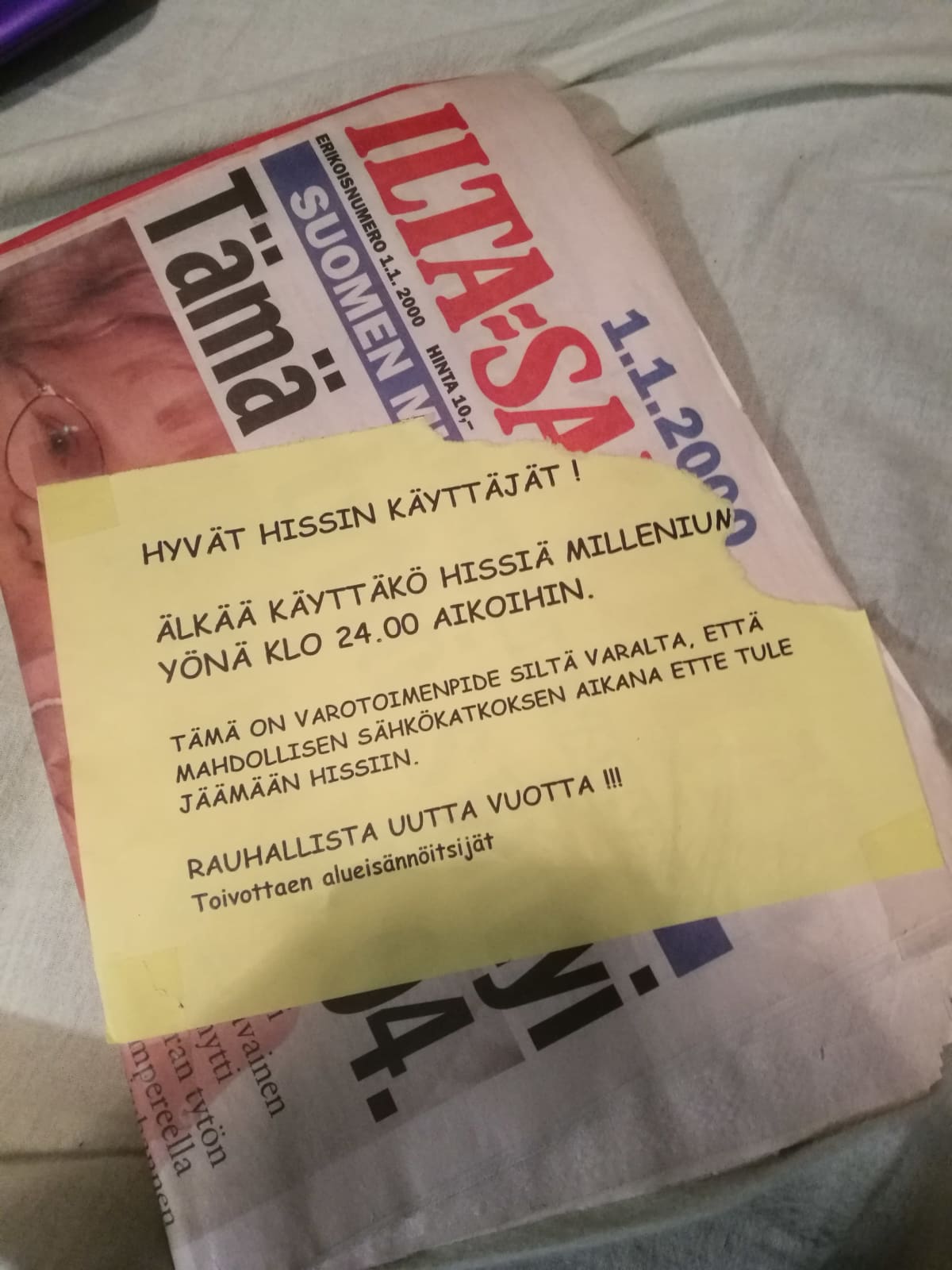 Taloyhtiön ilmoitus vuosituhannen vaihteessa.