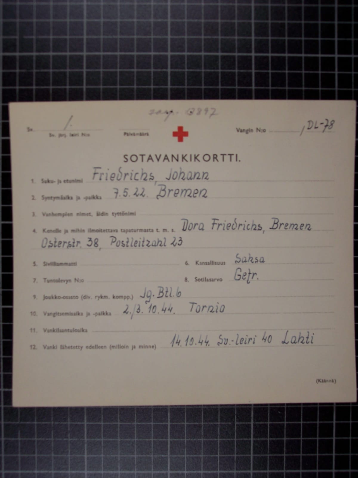 Hollantilaisen Johan Friedrichsin sotavankikortti. Täytetty 30.10.1944. Kortti on kuvitusta Paapeli 1944-kirjassa.