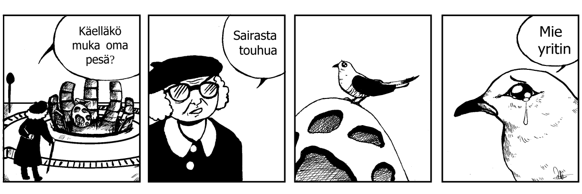 Lili Peltolan piirtämä käkiaihein sarjakuva.