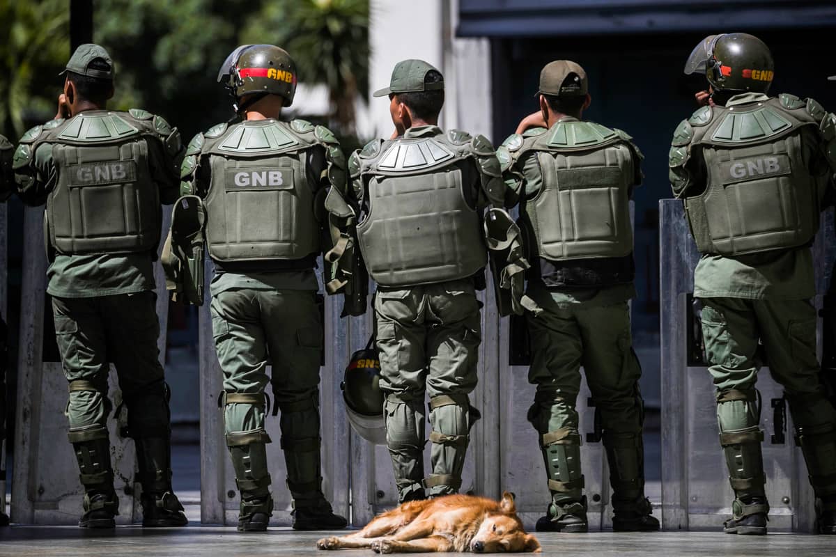 Koira lepää maassa taustallaan Venezuelan GNB:n poliisvoimia.