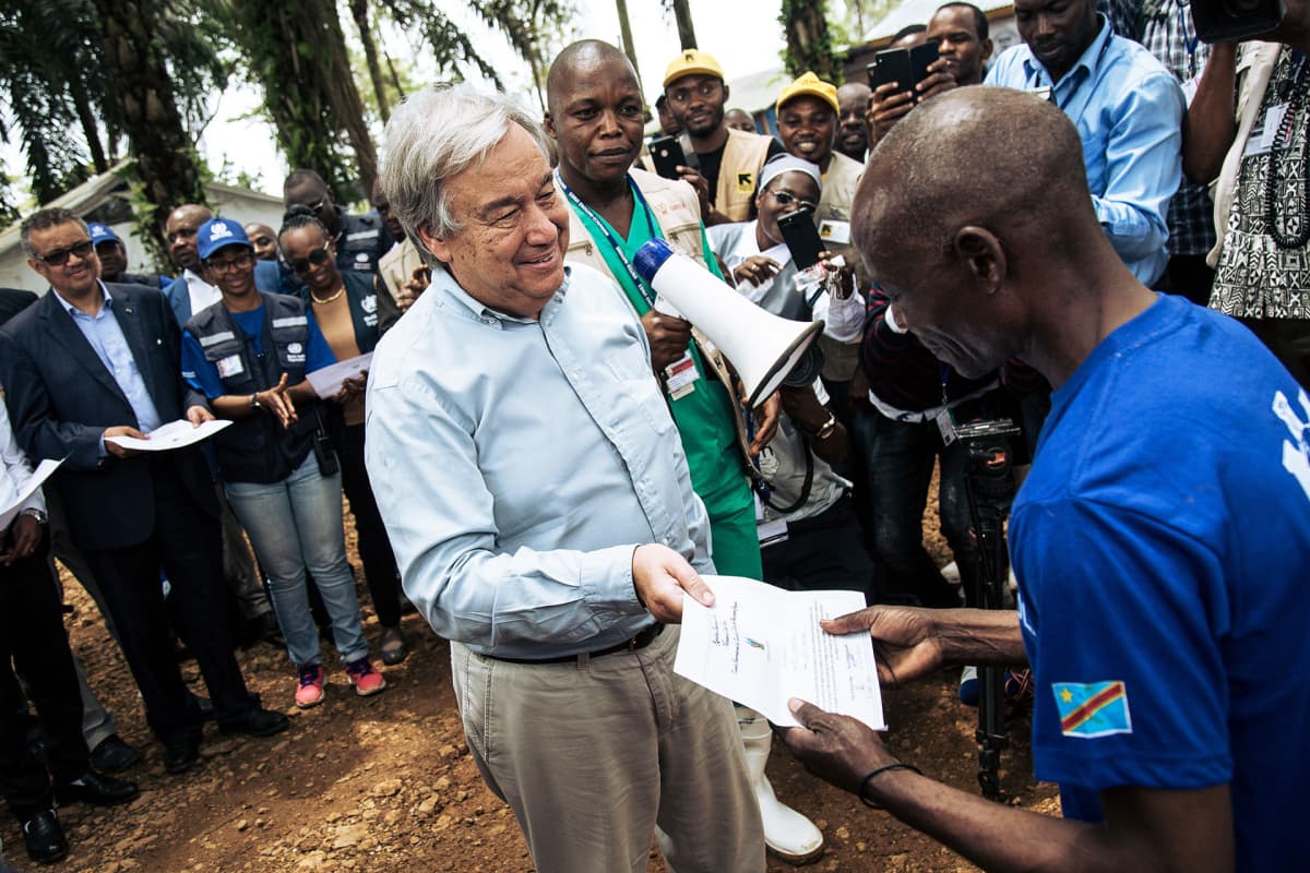 YK:n pääsihteeri Antonio Guterres vieraili ebola-alueella Kongon demokraattisessa tasavallassa syyskuussa 2019.