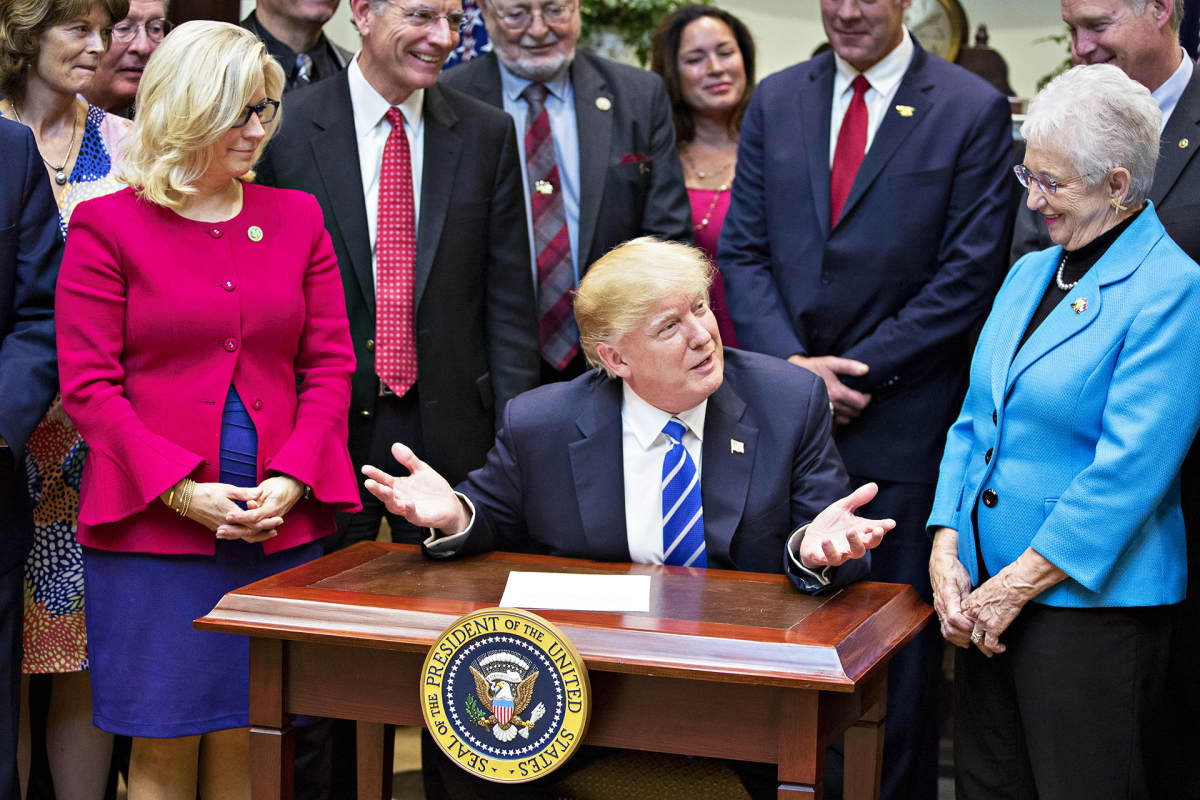 Donald Trump allekirjoitti presidentin asetuksia Valkoisessa talossa 27. maaliskuuta 2017. Liz Cheney oli mukana tilaisuudessa muiden republikaaniedustajien kanssa.