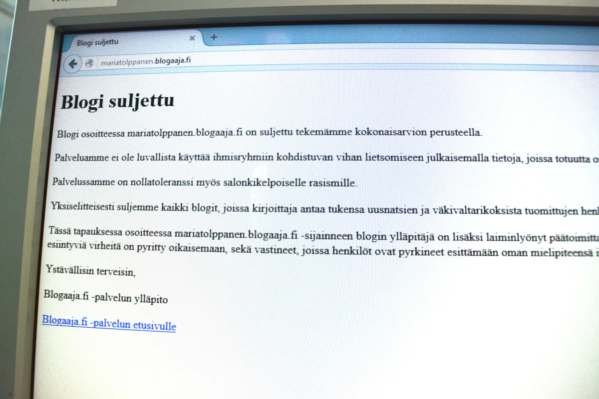 Kansanedustaja Maria Tolppasen blogi on suljettu palveluntarjoajan toimesta.